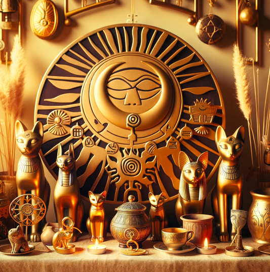 An Elegant Altar Dedicated to the Egyptian Goddess Bast: This image captures a warm and inviting altar space, filled with symbols of cats, the sun, and other items
