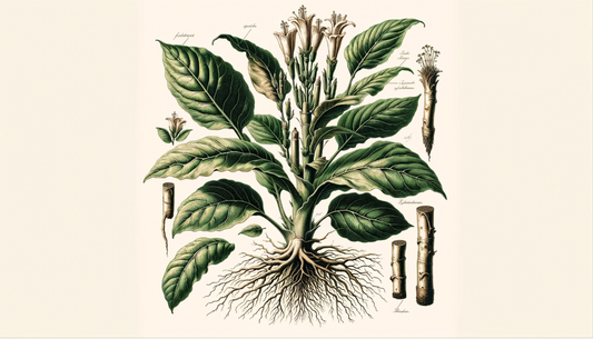 Victorian Herbal Style Illustration of Tobacco: Highlighting the full plant including roots, stem, leaves, and flowers