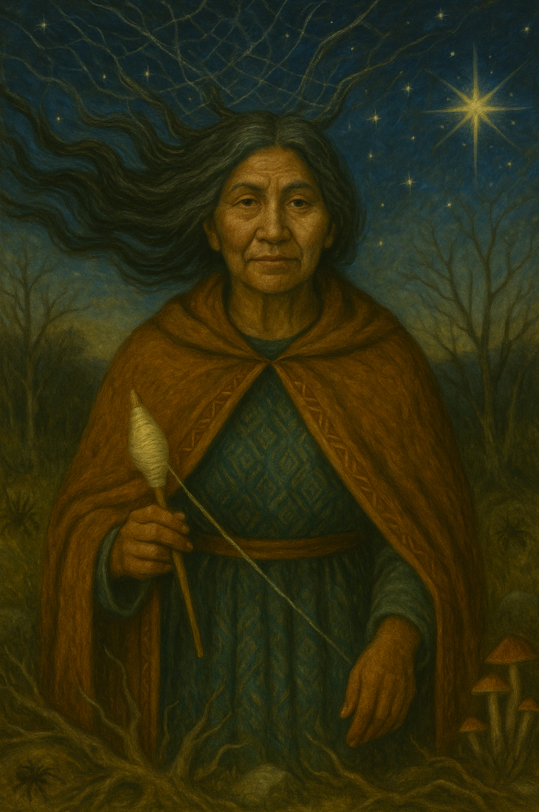 Painting of Grandmother Spider in a brown cloak holding a staff, standing in a mystical landscape with stars and trees.