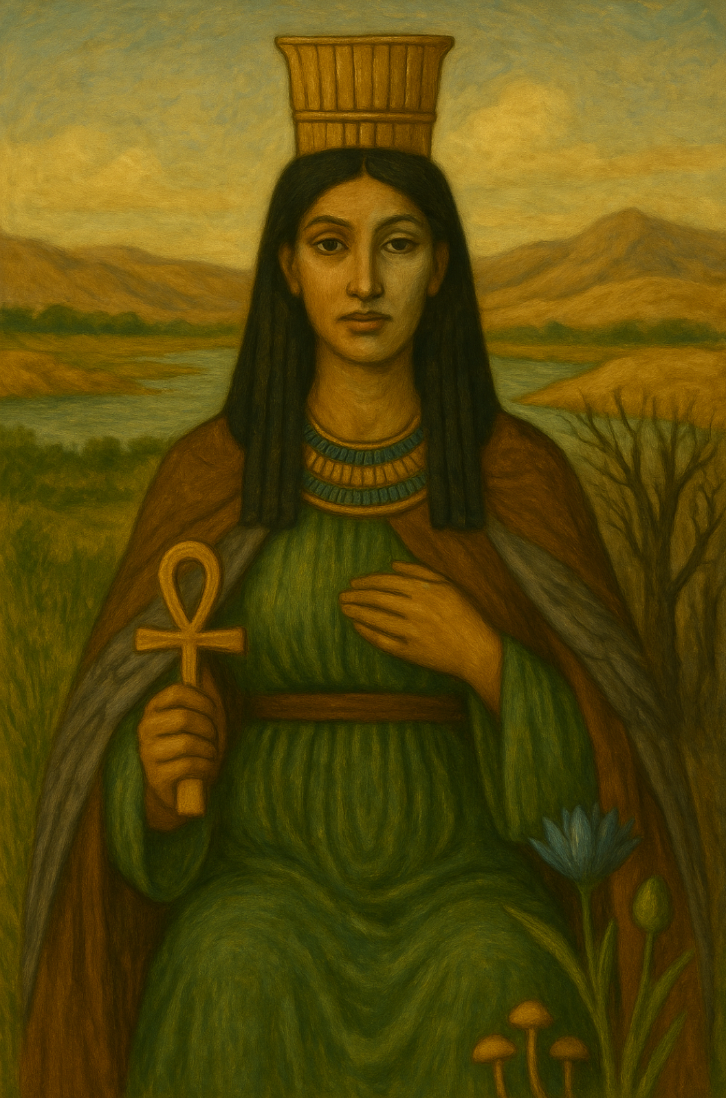 Painting of Isis in a green dress with a throne crown and an ankh symbol, set against a landscape.