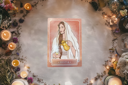 A tarot card of Hestia, the Greek goddess of the hearth, placed in a sacred space adorned with glowing candles and vibrant flowers. The setup conveys themes of warmth, devotion, and divine feminine energy.