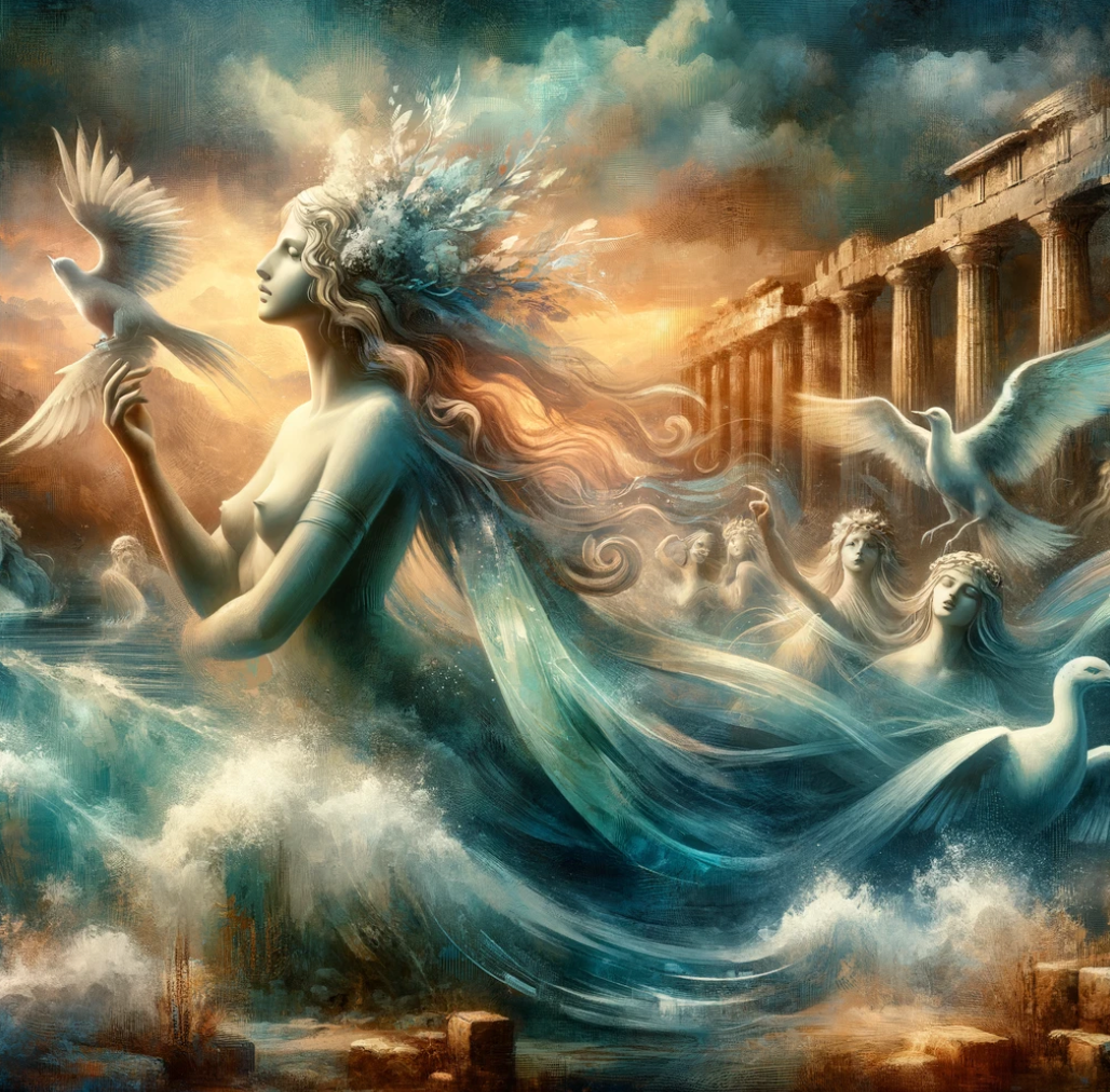 A Mystical and Artistic RepresenThis image blends early bird-woman depictions of the Sirens with modern, ethereal interpretations, set against the backdrop of ancient Greek ruins