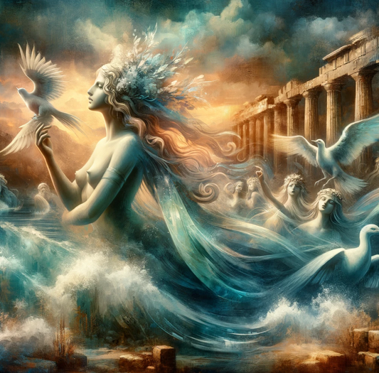 A Mystical and Artistic RepresenThis image blends early bird-woman depictions of the Sirens with modern, ethereal interpretations, set against the backdrop of ancient Greek ruins