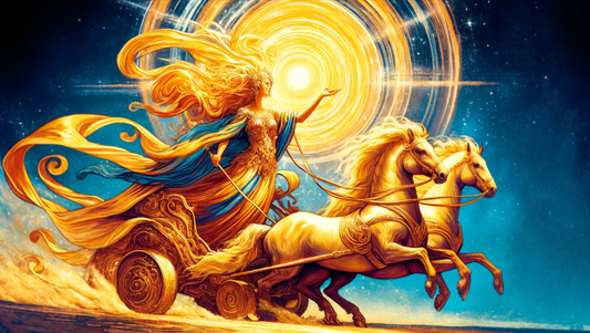 The Goddess Sol: This image features Sol, a powerful female figure with flowing golden hair, dressed in radiant robes, riding a horse-drawn chariot across the sky.