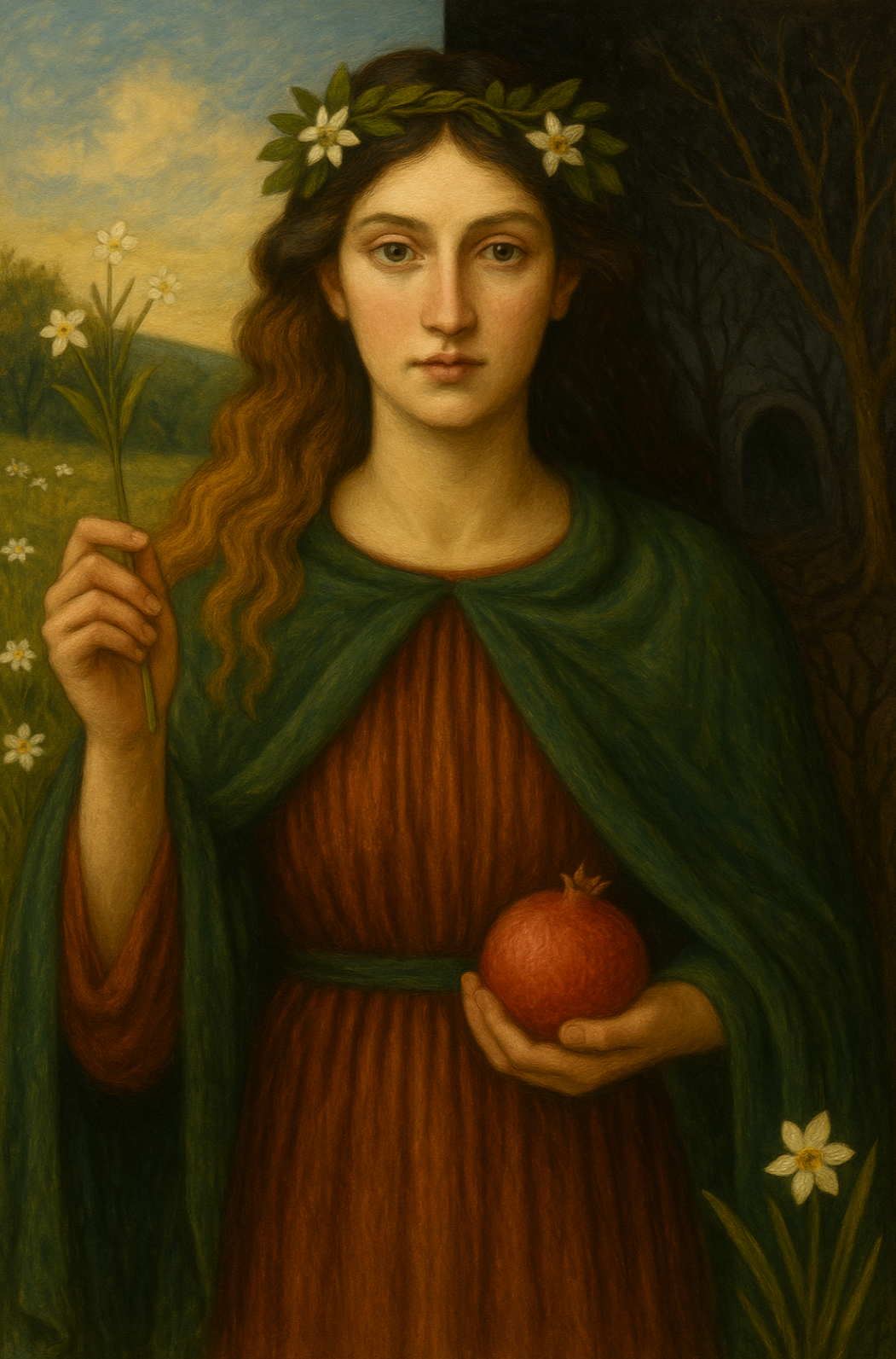 Painting of Persephone holding a pomegranate and flowers in a natural setting